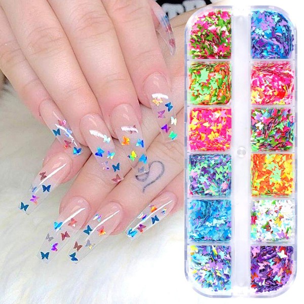 3D Butterfly Glitter Nail Sequins - 12 Grids Mixed Holographic Nail Art Flakes Colourful Confetti Glitter Stickers Decals Nail Sparkle Glitter for Nail Art Decoration