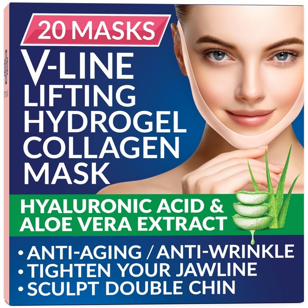 Stylia Double Chin Mask - V Line Face Toning Belt - Chin Strap Hydrogel Collagen Mask with Hyaluronic Acid & Aloe Vera - Anti-Aging and Anti-Wrinkle Band 20PC