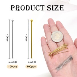 TOAOB 200 Pieces Rivet Pins Kettle Pins Prism Pins 40 mm Gold Silver Stainless Steel Ball Head Pin Head Pins for DIY Jewellery Making