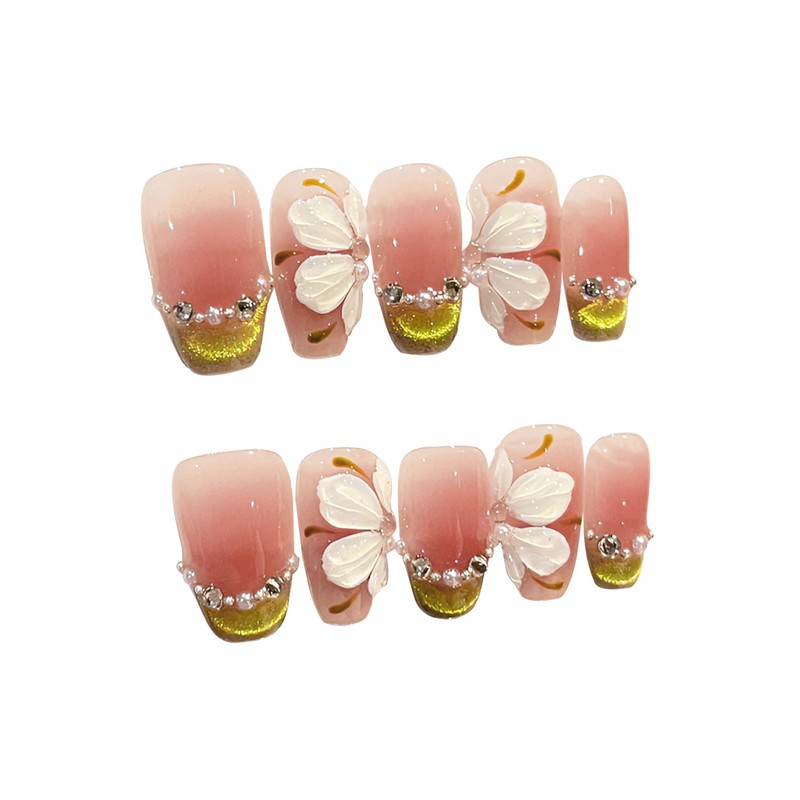 BIBII Nails Handmade Nail Tip, 3D Nails, Long Pink, Floral