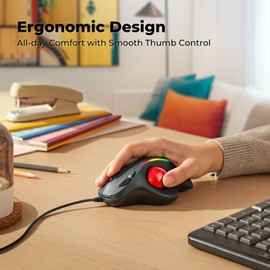 Wired Trackball Mouse, Ergonomic Comfort Design Reduces Muscle Strain, Easy Thumb Control, Precision Tracking with 5 DPI Options, Dual USB-C/USB-A Interface Compatible for PC, Laptop, Mac, Windows