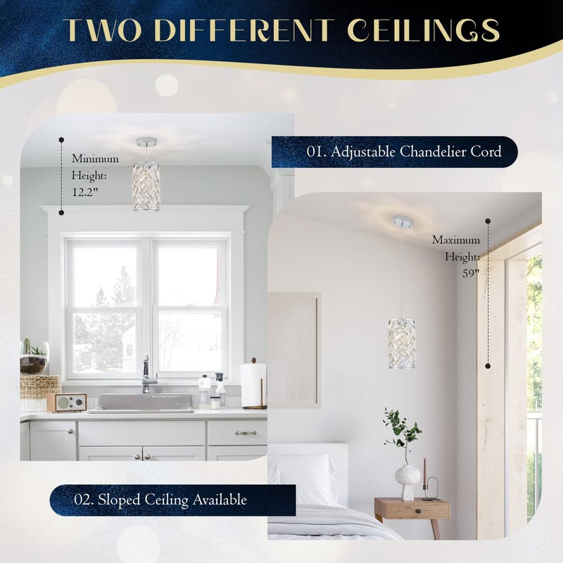 MERINEA Modern Chrome Crystal Pendant Light Fixture – Adjustable Mini