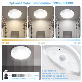 WhitePoplar Rechargeable Motion Sensor Light with Remote: 3 Colors Dimmable Battery Operated Wireless Ceiling Lights, Motion Activated Light for Closets Shower Stairs Pantry Laundry Garage, 2 Pack