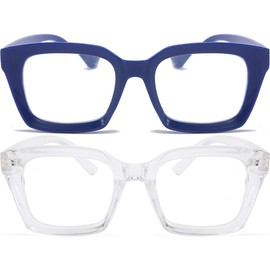REAVEE 2 Pack Oprah Style Oversized Reading Glasses for Women Men Blue Light Blocking, Ladies Stylish RetroSquare Large Computer Readers (Blue/Clear 2.0x)