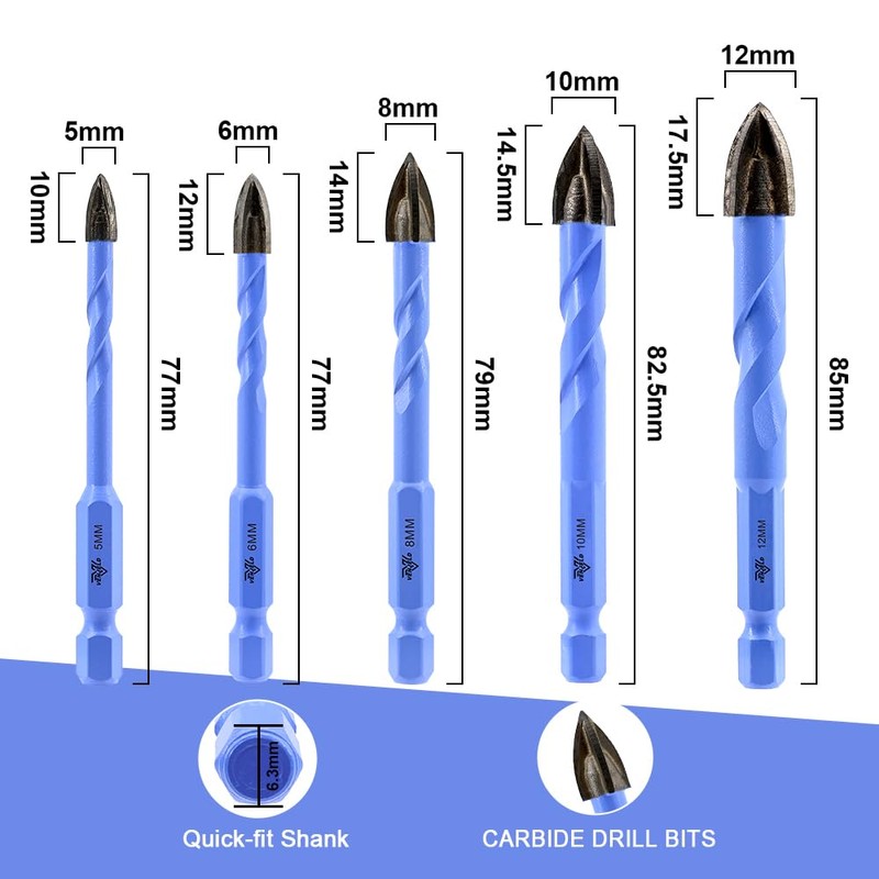 VENJELD Masonry Drill Bits Set - 5/6/8/10/12mm 5Pcs Carbide Drill