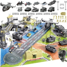 Frontoytall Military Base Toys Set Including Airplane, Tank, Truck, Helicopter, Fighter Jet, Army Men Action Figures, Watchtower, Battle Mat & Accessories, Military Combat Army Toys for Boys Age 3-12