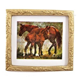 Dollhouse Miniature Accessories Horse & Foal Picture Painting in Gold Frame