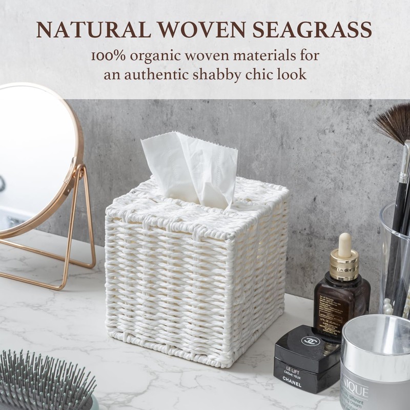 MyGift Decorative White Woven Square Tissue Box Holder with Easy