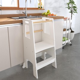 Adjustable Kids Standing Tower with Removable Safety Rail Design,Montessori Learning Stool Helper for Kitchen, Bathroom, or Playroom, Solid Wood Step Stool for Toddlers & Kids