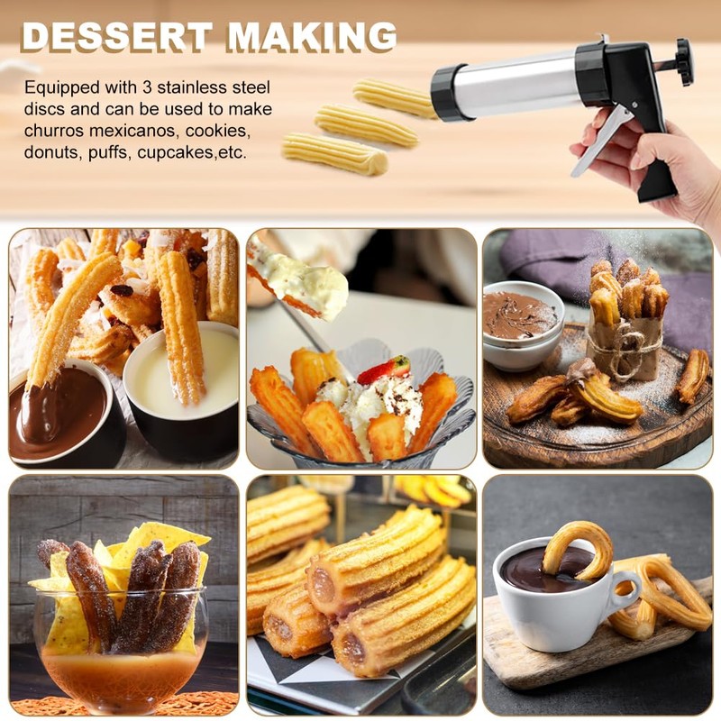 Churro Maker Kit,Hollow Churro Machine,with 3 Disc, Piping Bag, Cleaning