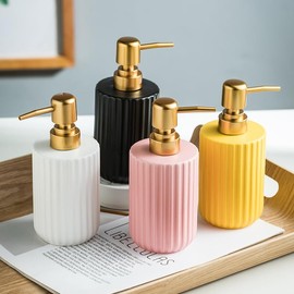 Chic Cylinder-Shaped Soap Dispenser, Vertical Stripe Design with Gold Pump, Ceramic Lotion Dispenser(Pink)