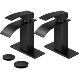 KZH Waterfall Bathroom Faucet, Black Modern Single Handle Bathroom Faucets for 1 or 3 Hole Bathroom Sink Faucet Mixer Tap Washbasin Faucet with 6 Inch Deck Plate & Hose & Pop-up Drain(2-Pack)