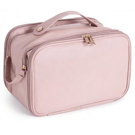 DORMIYA Travel Makeup Bag for Women, Large Capacity Cosmetic Organizer, Multi-Layer Toiletry Bag with Handle, Waterproof PU Leather Portable Makeup Zippered Case with Standing Brush Holder