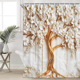 Luxury White and Gold Floral Shower Curtain, Modern Elegant Cherry Blossom Flowers Shower Curtain Set, Abstract Golden Waterproof Fabric Shower Curtains for Bathroom Decor Bathtub with Hooks, 72x72