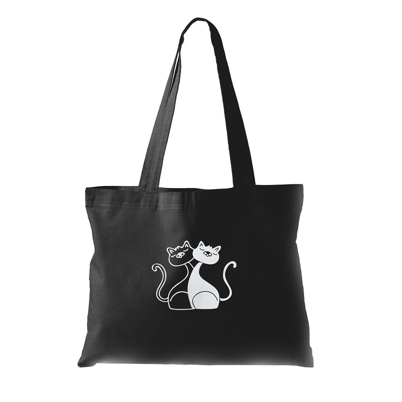 Cute Cat Tote Bag Black, Silver Metallic Print, Cat Gifts