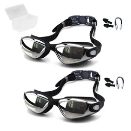 Blazyo Swimming Goggles Pack of 2, Electroplated Anti Fog Leak Proof Swim Goggles for Men Adults, UV Protection Crystal Clear Vision with Free Protection Case, Nose Clip and Earplugs