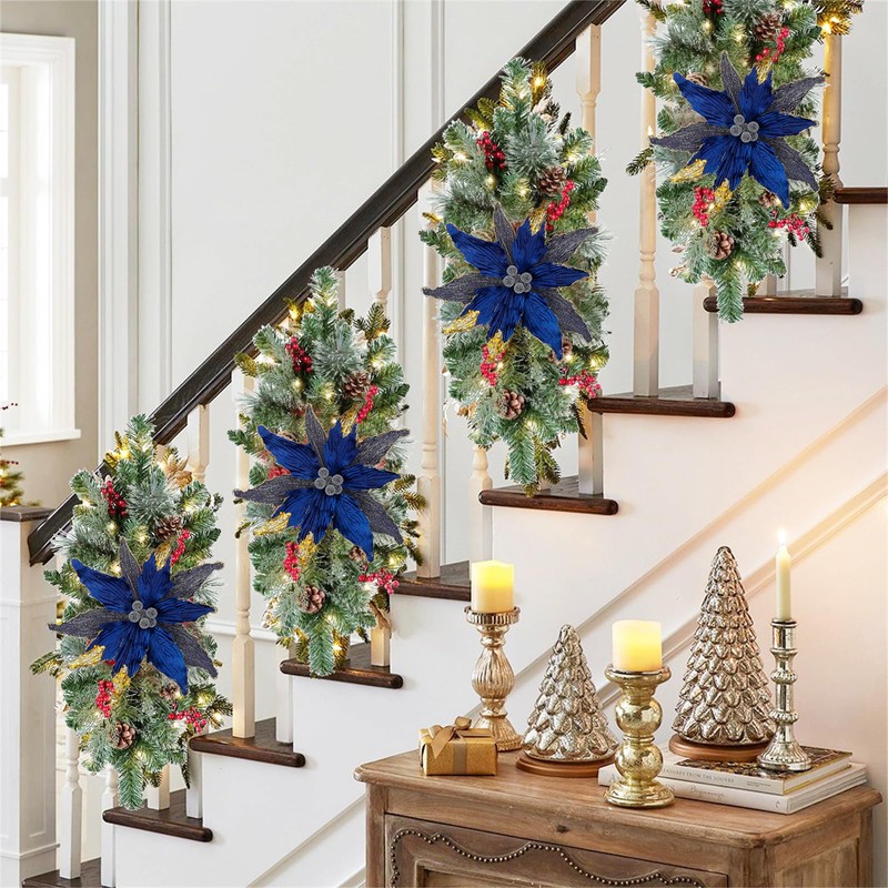 Briful 4 PCS 12" Glitter Poinsettia Blue Artificial Flowers Stem
