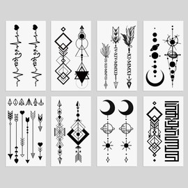 Oottati 8 Sheets Arm Temporary Tattoos Arrow Heartbeat Moon Sun Square Triangle Totem Symbol