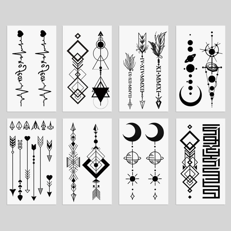 Oottati 8 Sheets Arm Temporary Tattoos Arrow Heartbeat Moon Sun