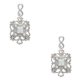 Delight Jewelry Silvertone Square AB Crystal with Filigree Silvertone Infinity Post Earrings