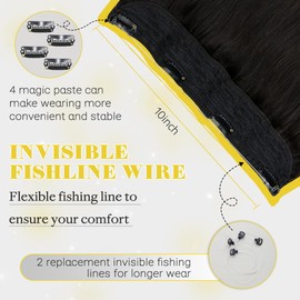 SAFIRENY Wire Hair Extensions 70g Straight Human Hair Wire Extensions Natural Black Invisible Wire Hair Extensions Real Human Hair Black Hair Extensions for Women 14inch(#1B-14inch)