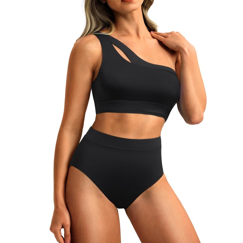 Tempt Me Women Black One Shoulder High Waisted Bikini Color