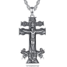 EUDORA Sterling Silver Caravaca Cross Necklace for Women Men, Jesus Cross Crucifix Necklaces Amulet Energy Caravaca Cross Pendant Vintage Christian Jewelry Gifts for Women Men, 22"+2"