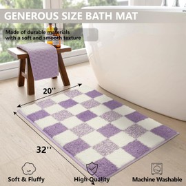 Bathroom Rugs Extra Soft Purple Lavender Checkered Bath Mat Non Slip Plush Bathroom Mat with Rubber Backing Absorbent Bath Rug Quick-Dry Washable Bath Mats for Bathroom Floor Tub and Shower 32"x20"