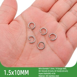 THREENEST - 250 anillos abiertos de acero inoxidable de calibre 14 de 10 mm, 1,5 mm de grosor, redondos de metal y gruesos, para collares, pulseras, llaveros, joyería de cadena