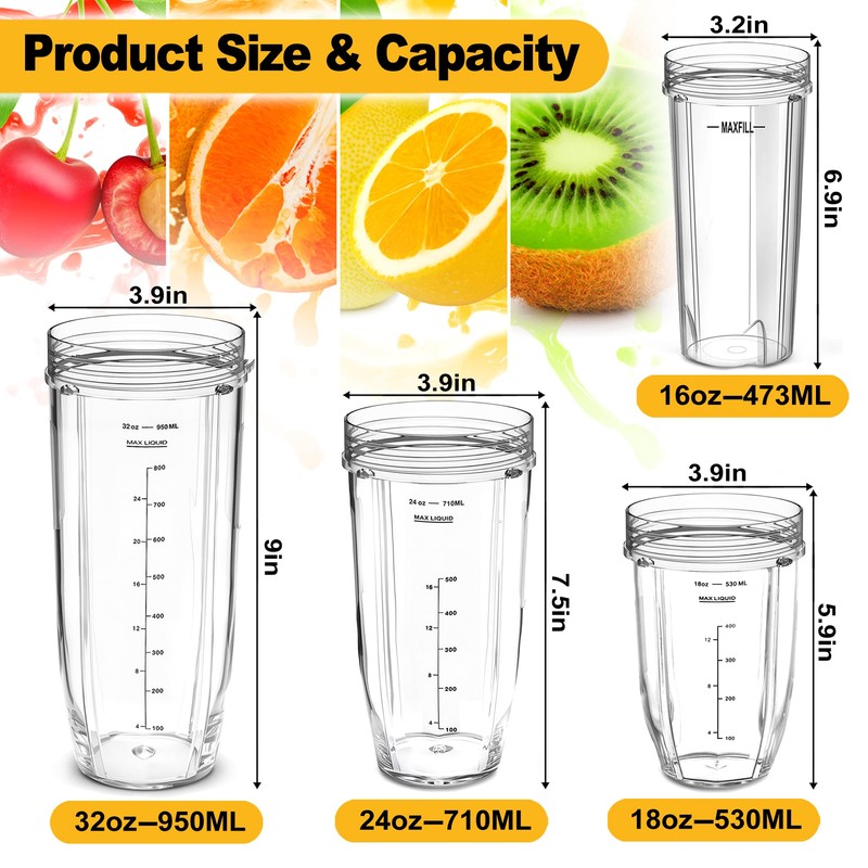 2Pcs Replacement 16oz Blender Cups with 4Pcs Sip & Seal