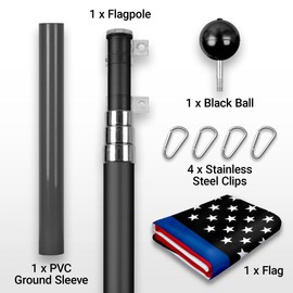 G128 Combo Pack: 16 Ft Telescoping Aluminum Flagpole (Black) & Blue Lives Matter Flag 3x5 Ft, ToughWeave Series Embroidered 210D Polyester | Pole with Flag Included