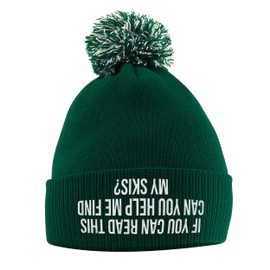 If You Can Read This Can You Help Me Find My Skis Bobble Hat, Funny Birthday Gifts for Skiing Warm Winter Knitted with Faux Fur Pom Pom for Womens Girls Mens Boys, One Size, Bottle Green