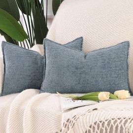MADIZZ Pack of 2 Chenille Velvet Throw Pillow Covers 12x20 Inch Blue Soft Neutral Decorative Throw Pillows Accent Boho Cushion Covers for Couch Sofa Modern Farmhouse Home Decor