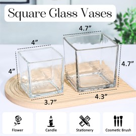 KEYWING 6 Pack Square Glass Vase 4" x 4" x 4", Clear Flower Vases for Centerpieces, Square Glass Cube Vase Candle Holder for Wedding, Party, Home Office Decoration