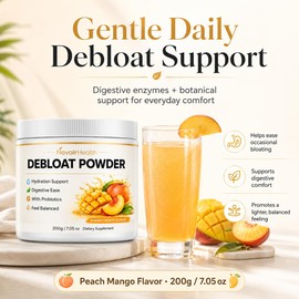 Debloat Powder, Face Debloat and Debloating Support for Men & Women, Digestive Enzymes with Vitamin C, Dandelion Root & Horsetail Extract, Non-GMO Peach Mango Flavor, 200g / 7.05 oz