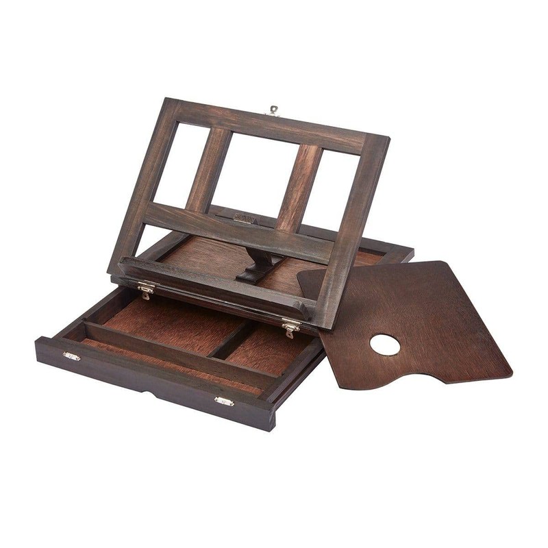 KINGART Adjustable Wood Espresso Stained Desk Table Easel with Storage