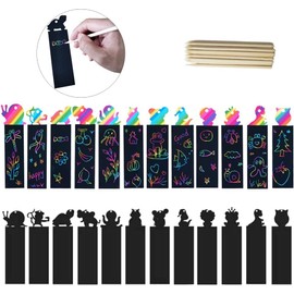 Animal Bookmarks Set for Children - 48 Pieces Rainbow Scratch Art With 24 Wooden Stylus and 48 Colorful Ribbons for Kids, Girls Party Tags