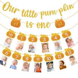 Fall Pumpkin 1st Birthday Photo Banner Glitter Monthly Milestone Photograph Bunting Garland for Newborn to 12 Months Our Little Pumpkin is One BabyDecorations for Autumn Boy Girl Party Celebration Supplies