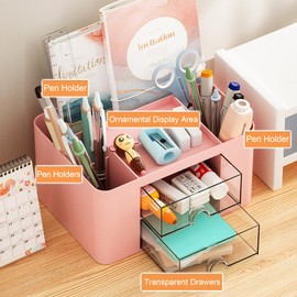 Drawer Organizers, 4 sections & 2 drawers Pen Holder for Desktop Storage, Desk Organizer and Accessories, Plastic Makeup Organizer, Desk Organization for School, Home, Office Supplies (Pink)