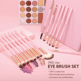 Docolor Eye Makeup Brush Set of 15 Eyeshadow Brush for Eyeshadow, Eyebrow, Eyeliner, Blending, Pink