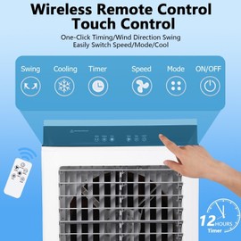 Evaporative Air Cooler, 1800CFM Swamp Cooler with Remote Control and 12H Timer, 4 Ice Packs, 3 Modes & Wind Speeds for Versatile Outdoor and Indoor Use, 8.4 Gallon