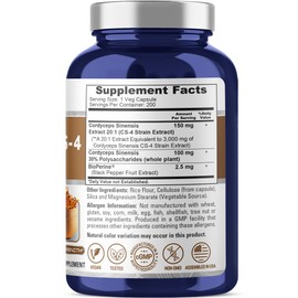 NusaPure Cordyceps 20:1 Extract, 150 mg Equivalent to 3,000mg 200 Veggie Capsules (Sinensis CS-4, Non-GMO, Vegan) Bioperine