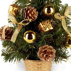 Widdle Wonderland 30cm Artificial Christmas Tree with Silver Tinsel Flecks, Gold Decorations and Pine Cones 8612