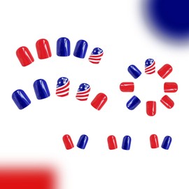Independence Nails Press ons Square Short Press on Nails 4th of July Fake Nails Red Blue Glue on Nails White Lines Stars Design Acrylic Nails Glossy July 4th False Nails for Women 24Pcs