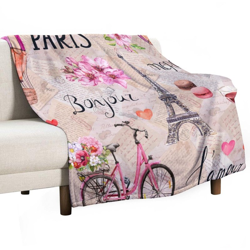 Paris Eiffel Tower Throw Blanket Pink Flowers Towers Bicycle Pattern