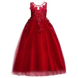 IZKIZF Flower Girls Princess Wedding Floor Length Tulle Dress Wedding Communion Pageant Party Maxi Gown Deep Red 6-7T