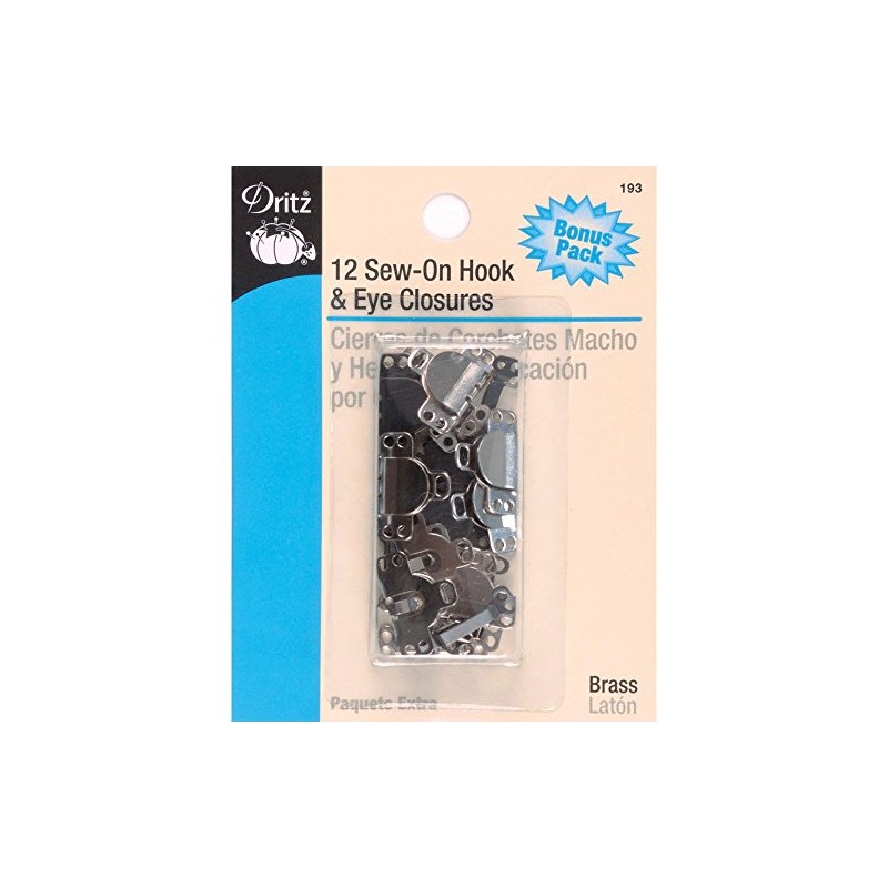Dritz 193 Sew On Hook & Eye Closures, Brass 12-Count