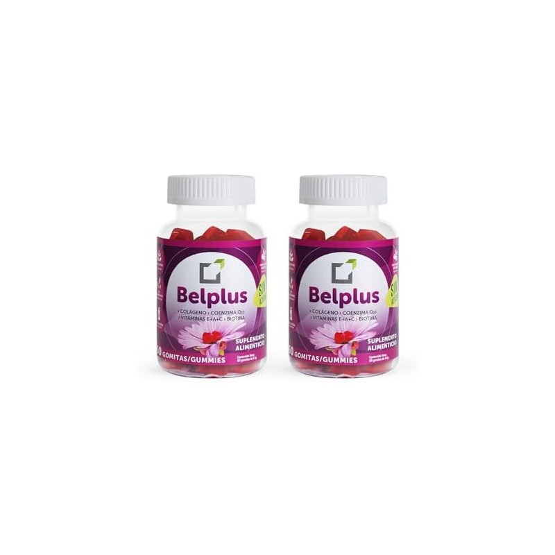 Belplus Colágeno+Coenzima Q10+Biotina 60 gomitas sin azúcar, pack 2x1