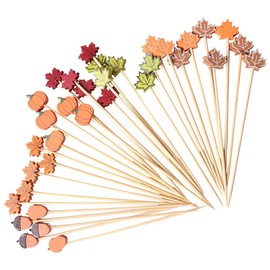JIHUOO 100 Pieces 4.7 Inch Autumn Theme Cocktail Picks Pumpkins Acorns Toothpicks Autumn Leaves Cocktail Picks Thanksgiving Food Picks Decorative Appetizer Toothpicks Party Fruit Picks