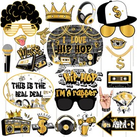 Cheereveal Golden and Black Hip Hop Photo Booth Props - 24 Pieces Retro Rock and Roll 90s Disco Music Themed Birthday Bachelorette Bachelor Party Decoration Supplies
